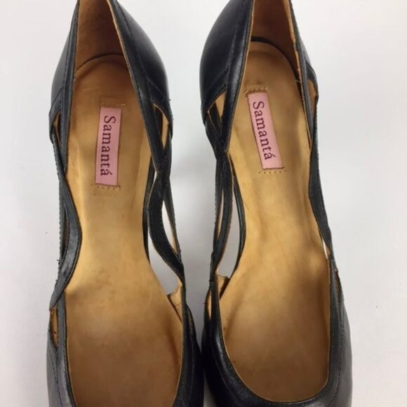 Samanta Womens Black Leather Pumps Heels Side Cutout Stacked Heel size 6 - Picture 14 of 15